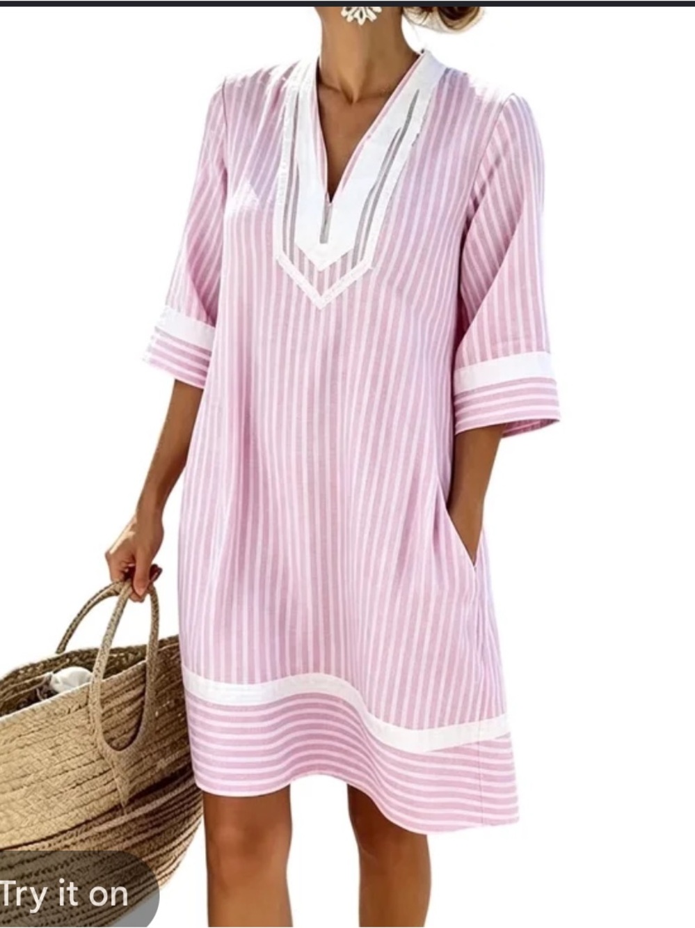Women's Pink Striped V-Neck Swim Cover-Up Dress